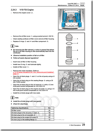 Audi R8 V10 5.2L Engine Oil Change, Service Manual